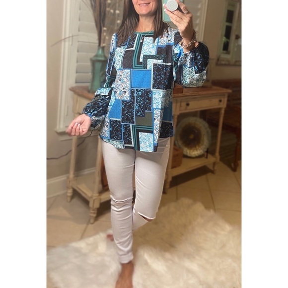 Bohemian Floral Patchwork Dressy Top Blue 3920 - Picture 3 of 8